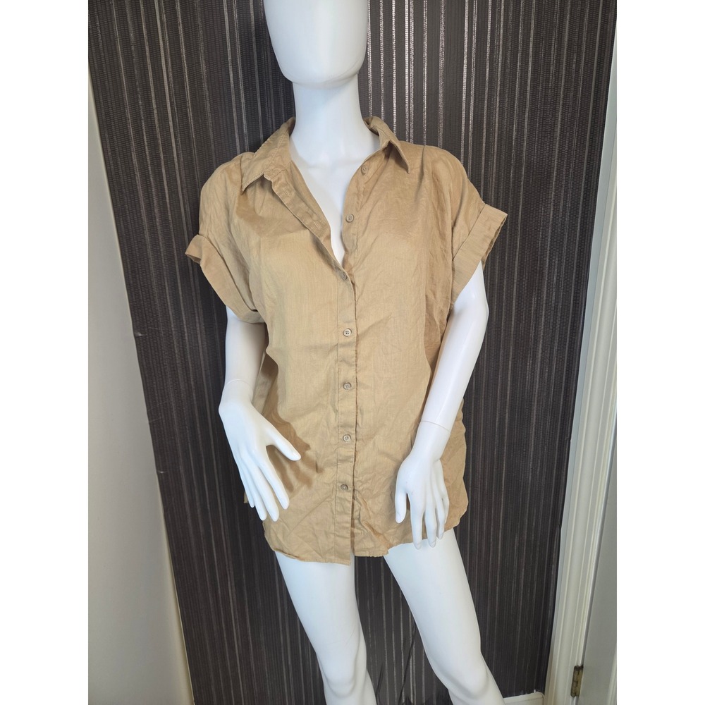 Lauren Ralph Lauren Tan 100% Linen Short Sleeve Button Down Shirt Womens 1X